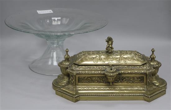 A brass casket and a glass tazza